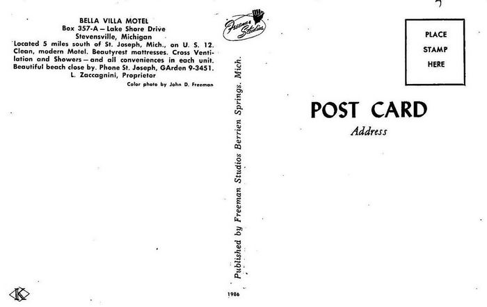 Bella-Villa Motel and Restaurant (Bella Villa Motel, Super 8 by Wyndham, Park Inn) - Vintage Postcard 2